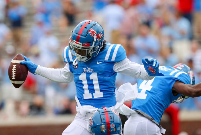 Dontario Drummond celebrates a touchdown reception in the first half against Florida (via. Ole Miss Athletics)
